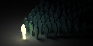 An graphic of a business leader standing in front of a team of people